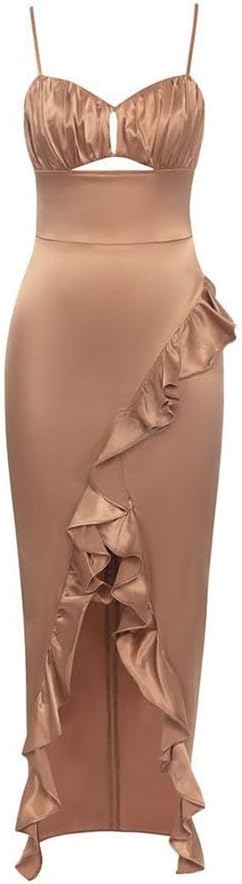 JSEIAJB Halter Sheath Pleated Ruffle Irregular Long Dresses