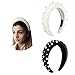 AWAYTR Velvet Padded Pearl Embellished Headband Large Padded Velvet Races Goth Wedding Headpiece for Women (Black+White)