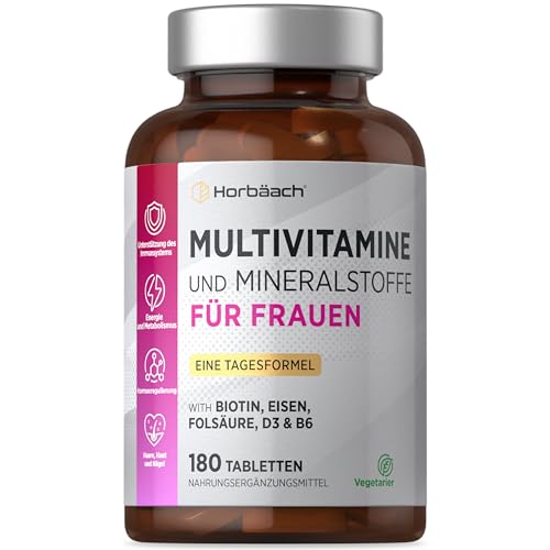 Multivitamin Tabletten Frauen | 180 Tabletten - 6 Monate Vorrat | Hochdosiert mit Eisen, Biotin, Vitamin B6 und mehr! | von Horbaach