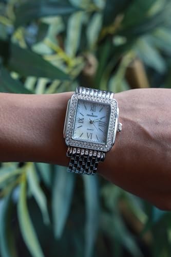Peugeot Women Rectangle Dress Watch with Crystal Decorated Bezel, Roman Numerals and Bracelet