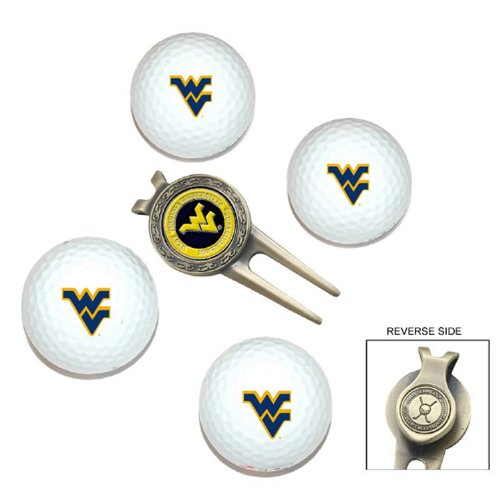 Team Golf Ncaa West Virginia Mountaineers 4 Golf Ball And Divot Tool Set Regulation Size Golf Balls (4 Count) & Divot Tool With Removable Double-Sided Magnetic Marker #TOP1