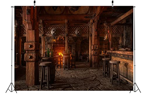 BELECO 10x8ft Fabric Medieval Tavern Inn Bar Backdrop for Photography Ancient Wooden Interior Counter Stools Fireplace Buring Fire Background for Party Decorations Photo Booth Studio Props