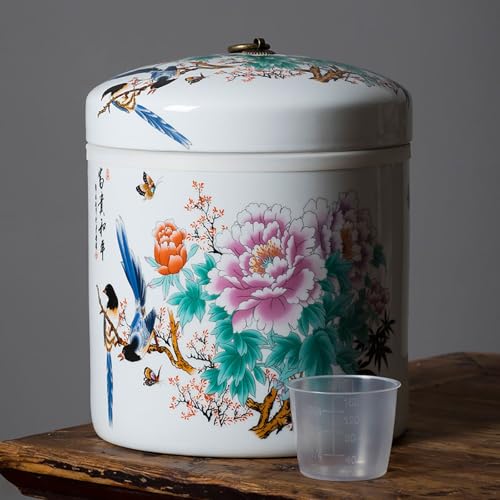 Ceramic Rice Storage Container - Sealed Rice Bucket, Large Capacity Rice Dispenser for Rice & Pet Food, Chinese Design