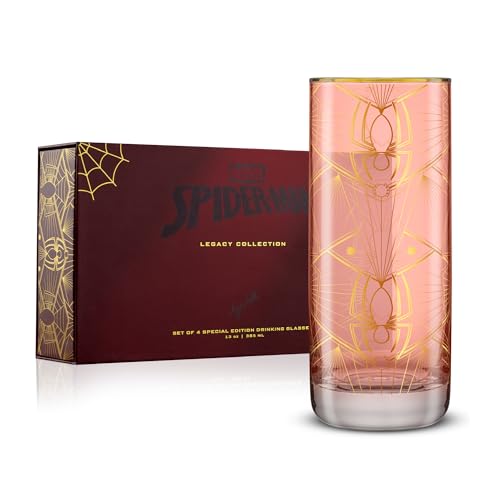 JoyJolt Marvel Spider-Man Legacy Tall Drinking Glasses, 13oz Superhero Glass Cups Set of 4, Gifts for Men and Women, Cool Marvel Stuff for Father's Day by JoyJolt - Used condition - US$61.63
