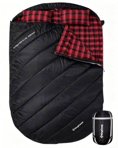 Image of KingCamp Double Sleeping Bag for Adults, Queen Size 2 Person XXL Flannel Sleeping Bag, Waterproof Lightweight Flannel Quilt with 2 Pillows, Perfect for Couples Family Camping Hiking