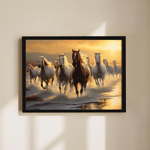 Image of 9 Running Horses Vastu Framed Wall Art Painting | Strength & Forward Energy Nine Horse Painting With Frame for Living Room, Home & Office, 10x12 Inch