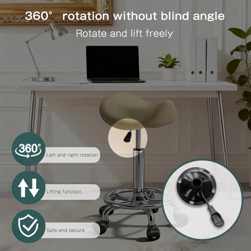 Image of Saddle Stool, Adjustable Height Ergonomic Swivel Chair with Wheels, PU Leather Saddle Seat with Ring Pedal for Salon, Massage, Clinic, Lab, and Office