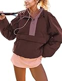Ynhonra Womens Crew Neck Pullover Puffer Long Sleeve Loose Jacket Half Zip Hooded Coat with Drawstring(Chestnut-XS)