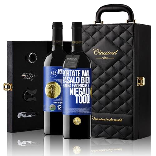 «Pórtate mal Pásalo bien Elimina evidencias y…...» Mensaje en una Botella. Estuche-Maletín de LUJO 2x Vino Tinto Premium Reserva 12 Meses y Set de 4 Accesorios. Etiqueta Azul PERSONALIZABLE