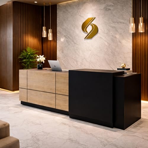 Image of Luxury Modern Reception Desk for Office, Salon & Clinic | Front Reception Counter Table with Storage | Particle Board Reception Furniture - (RCT-024 LPB L5W2)