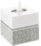Creative Scents Mirror Damask Square Tissue Box Cover - Decorative Bathroom Tissues Paper Holder, Modern Napkins Container, Bottom Slider, for Cute Elegant Bathroom Decor (White & Gray)