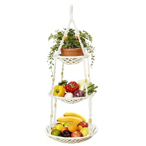 Obstkorb Hängend & Gemüsekorb Makramee - Etagere 3 Etagen Baumwollseil Hängekorb für Küche Wohnzimmer - Boho Dekoration Handgewebter Obstkorb (73 cm Länge) - Platzsparend Wandkorb für Obst Lagerung