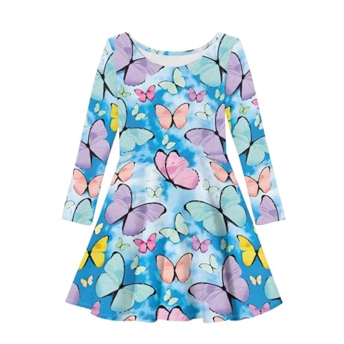 HUIACONG Colorful Butterfly Girls Long Sleeve Dress Blue Sky Toddler Casusl Dresses 5/6 T A-line Twirly Skater Dress for School Party Fancy Dance Dress