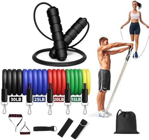 Kit 11 Peças Extensor Elástico + 1 Corda de Pular com Rolamento –...