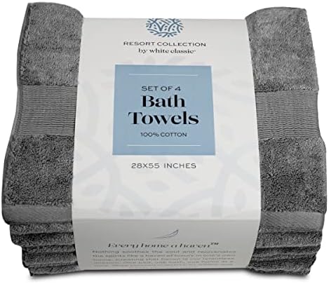 White Classic Resort Collection Soft Bath Towels | 28x55 Luxury Hotel Plush & Absorbent Cotton Bath Towel Large [4 Pack, Smoke Grey] - Thumbnail 3