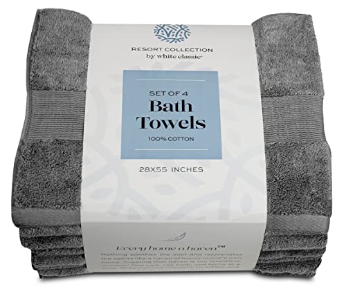 White Classic Resort Collection Soft Bath Towels | 28X55 Luxury Hotel Plush & Absorbent Cotton Bath Towel Large [4 Pack, Smoke Grey] #TOP5