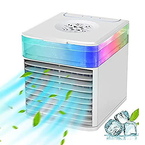 Mobile Klimagerät Mini Klimaanlage, Luftkühler Tragbare 3 Lüfterstufen LED-Nachtlicht, Ventilator, Luftbefeuchter, für Zuhause und Büro, Ultra Leise Low Noise, 500ml Wassertank Wasserkühlung (Weiß) Cover