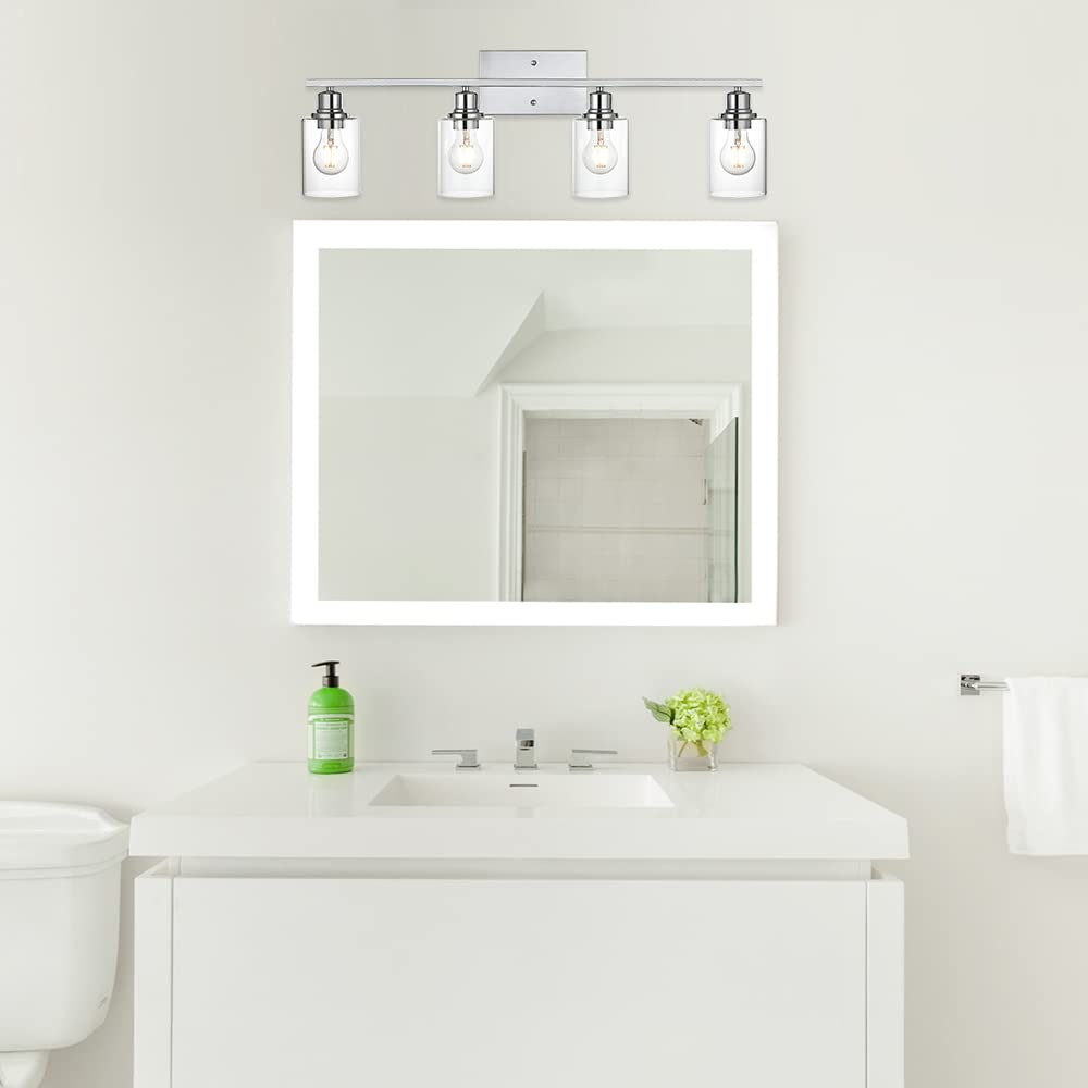 Schminklampe Armaturen, 4 Lichter Innen Moderne Verchromte Badezimmerbeleuchtung über Spiegel Klares Glas Schatten Metallsockel Wandmontage Lampe für Schminktisch Wohnzimmer