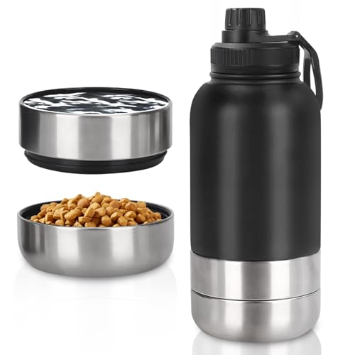 Trinkflasche Hunde für Unterwegs 950ml – Isolierte Edelstahl Hundetrinkflasche Wasserflasche mit Futternapf & Wassernapf, Tragbare Hundeflasche BPA-frei für Reise Spaziergang & Outdoor (Schwarz, L)