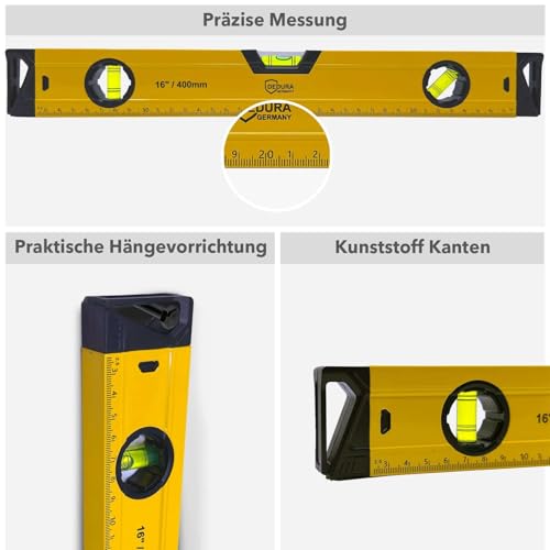 Wasserwaage 40 cm klein und magnetisch, für Profi und Heimwerker geeignet, Magnetwasserwaage mit drei Libellen und 40cm Lineal, aus Aluminium (40cm)