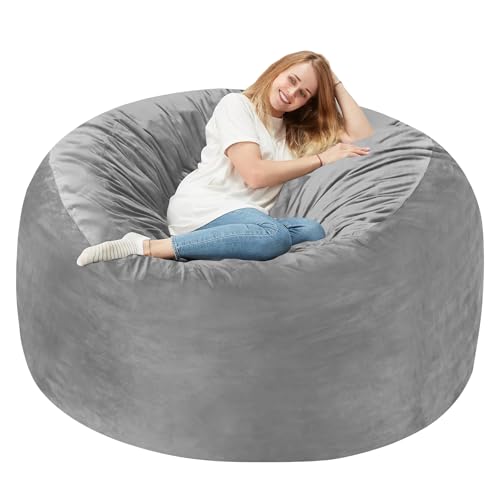 Homguava 4 FT Bean Bag Chair: 4' Bean Bags with Memory Foam Filled, Large Beanbag Chairs Soft Sofa with Dutch Velvet Cover-Light Grey