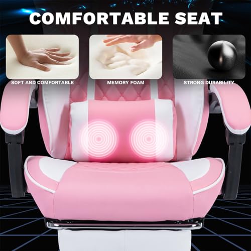 Image of Gaming Desk Chair for Adults, Ergonomic Gaming Chair (Pink+White) | with Footrest Headrest and Lumbar Support, Leather Material Height Adjustable Computer Video Game Chairs