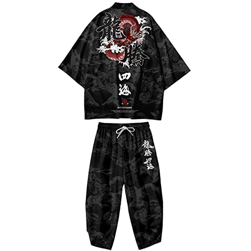 DOSLAVIDA Men's Japanese Kimono Cardigan Suit Chinese Style Printed Jacket Pants Set Open Front Seven Sleeve Top & Shorts