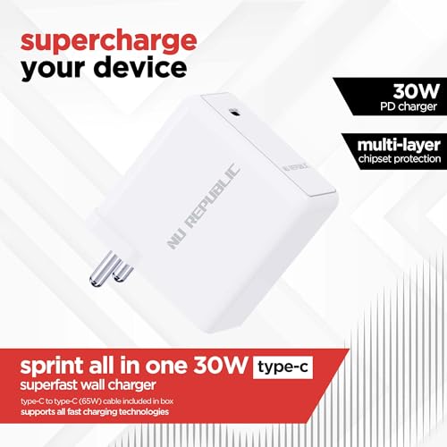 Image of Nu Republic Sprint All-in-one 30W 6A with Type-C to Type-C Cable Supports All Fast Charging Technologies (White, Red, Cable Included)