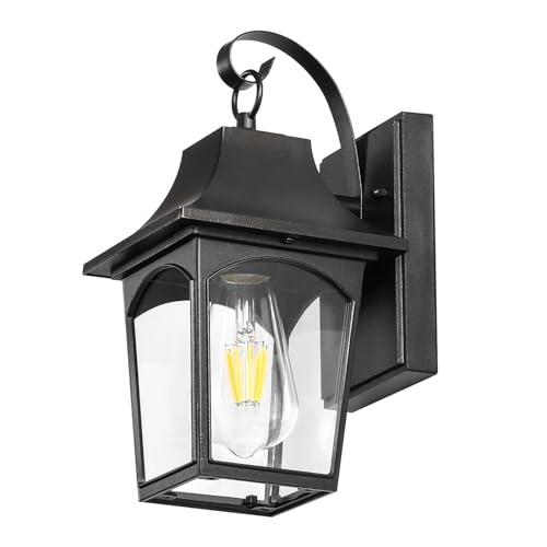 Outdoor Wall Sconce Lantern for Hallway Porch Garage Doorway Garden, Black Vintage Outside Lighting Wall Mount Lanterns, Exterior Wall Light Fixture with Clear Waterproof Glass Shade