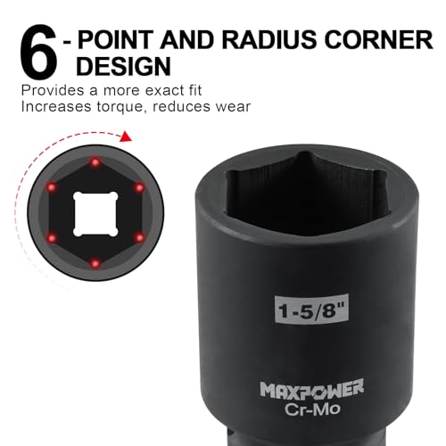 MAXPOWER 3/4 Inch Drive 1-5/8 inch Deep Impact Socket with 6-Point Design, Made with Heat-Treated Chrome Molybdenum Steel, SAE