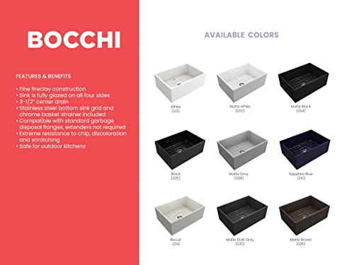 Bocchi Contempo Farmhouse Apron Front Fireclay 27 In. Single Bowl Kitchen Sink With Protective Bottom Grid And Strainer In White #TOP4