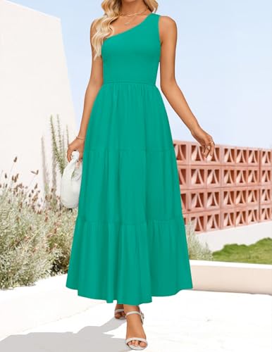 Image of ZESICA Women's 2026 Bohemian Summer Floral Print One Shoulder Sleeveless Smocked Ruffle Tiered Beach Long Midi Dress