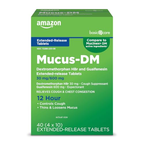 Amazon Basic Care Mucus Relief DM, 12 Hour Chest Congestion & Cough Relief, Guaifenesin & Dextromethorphan Extended-Release Tablets, 600 mg/30 mg, 40 Count (Pack of 1) (Packaging may vary) - image 1