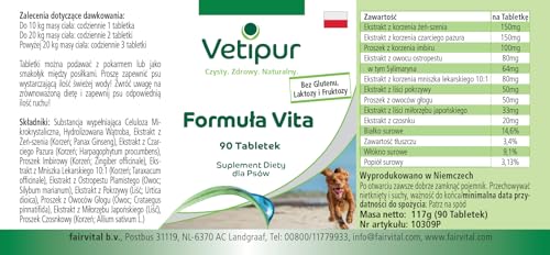 Vetipur Vita-Formel - 90 Tabletten - Rundumversorgung mit Ginseng, Teufelskralle, Ingwer, Mariendistel, Löwenzahn, Brennnessel, Weissdorn und Gingko Biloba - Futterergänzung für Hunde
