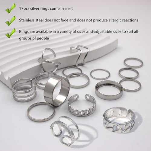 17PCS Silver Knuckle Rings for Women Stainless Steel Rings Set Midi Stackable Rings Simple Smooth Finger Rings Silver Adjustable Rings Jewelry Gift2