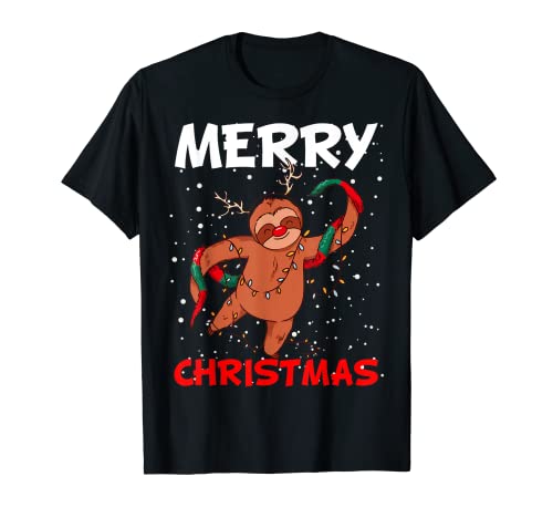 Navidad invierno nieve reno cadena de luces perezoso Camiseta