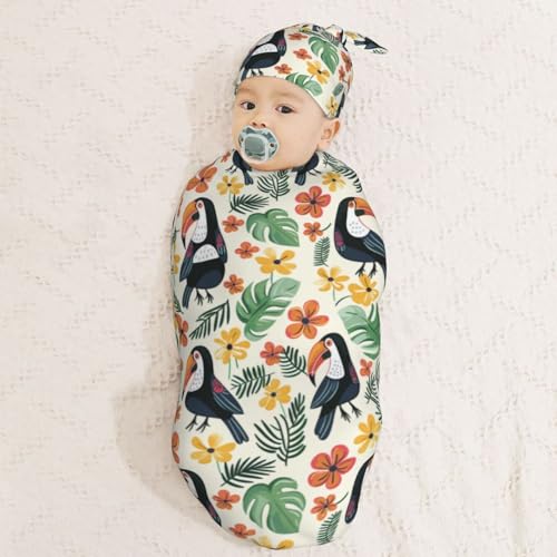 Image of Tropical Cute Toucans Newborn Swaddle Blankets Hat Sets Soft Baby Receiving Blanket Swaddle Sack for Baby Shower Infant Boy Girl Gift