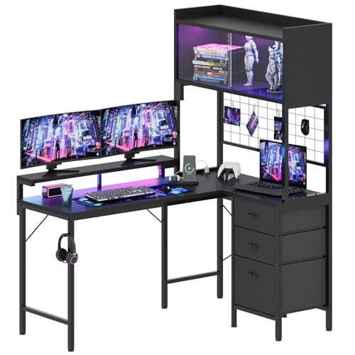 Devoko Escritorio para videojuegos en forma de L con luces LED, 115 x 90 cm, escritorio para PC con enchufe de alimentación, 3 cajones, panel de parrilla, escritorio para juegos electrónicos, oficina
