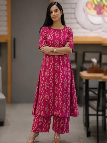 Image of ANNI Designer Co Ord Set for Women Viscose Printed | A Line Kurta Palazzo Set for Woman | Round Neck Elbow Sleeve Ethnic Dress Stylish Coord Outfit Trendy Womens Clothing