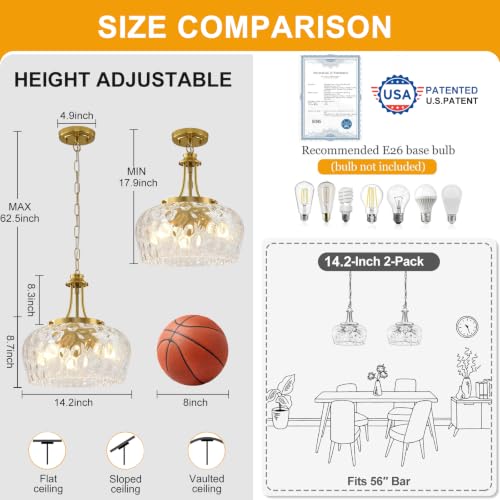 Image of Modern Pendant Lights Kitchen Island, 3-Light Gold Pendant Light Fixtures with 14.2 inch Clear Hammered Glass Shade, Industrial Hanging Pendant Lights Fixture for Kitchen Island, Dining Room, Entryway