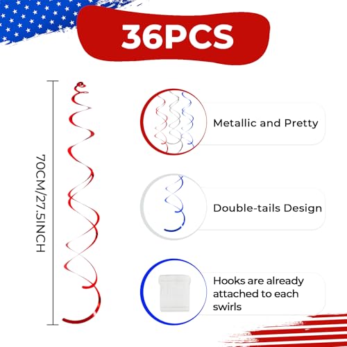 Image of 36 PCS Red Blue Silver Hanging Swirl, Sparkle Ceiling Hanging Decorations, Plastic Streamer Party Decorations with Double-Swirls for 4th of The July,Independence,250 Anniversary USA,Birthday Baseball