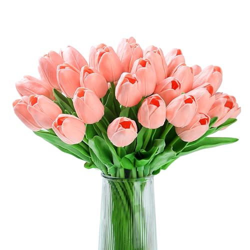 XIANNVXI 20pcs Pink Tulips Artificial Tulip Flowers Silk Tulips Decorative Fake Faux Pink Flowers for Indoor Spring Kitchen Wedding Bouquet Rome Decor 14 Inch