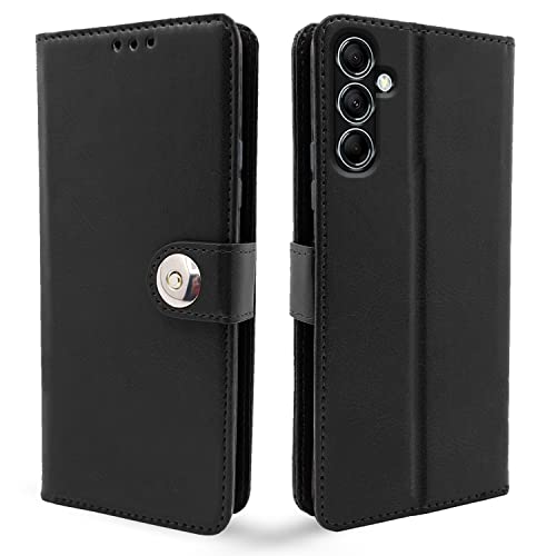 Image of Pikkme Samsung Galaxy M14 5G Flip Cover Leather Finish | Inside TPU with Card Pockets | Wallet Stand and Shock Proof | Complete Protection Button Flip Case (Black)
