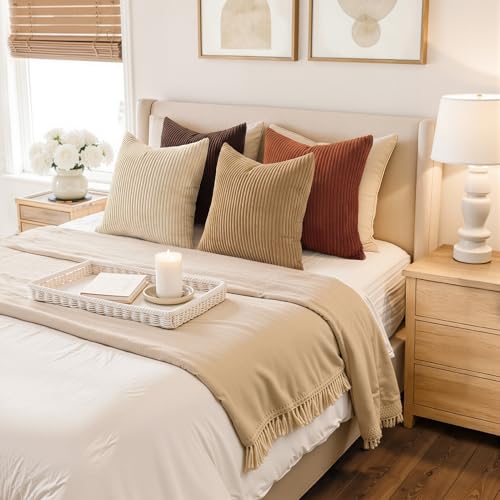 Image of Topfinel Beige Brown Throw Pillow Covers Rustic Modern Soft Corduroy Striped Decorative Cushion Cover 16x16 Inch Gradient Farmhouse Pillow Case Set of 4 for Sofa Couch Living Room Bedroom