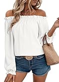 EVALESS Womens Fashion Fall Winter Clothes Cute Puff Sleeve Tops for Women 2026 Off Shoulder Blouses for Women Dressy Casual Long Sleeve Pleated T Shirts Work Outfits White Shirts, Small