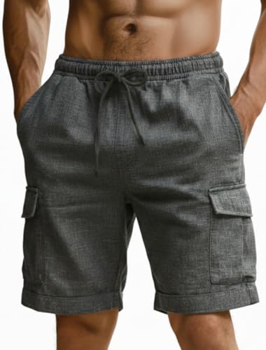 Image of INKKR Men's Cargo Linen Shorts Beach Shorts Drawstring Elastic Multi Pocket Plain Comfort Breathable Knee Length Cotton Shorts