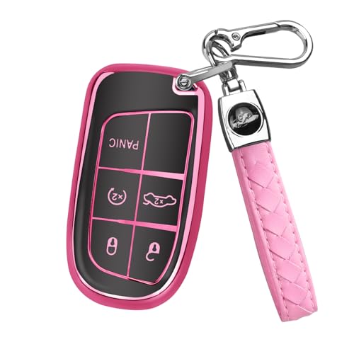 MILD EAST for Jeep Key Fob Cover Soft TPU Key Case Shell Key Case Shell Fit for Grand Cherokee Renegade Compass Chrysler Dodge RAM Durango Challenger Journey Dart Fiat (Pink 5 Button)