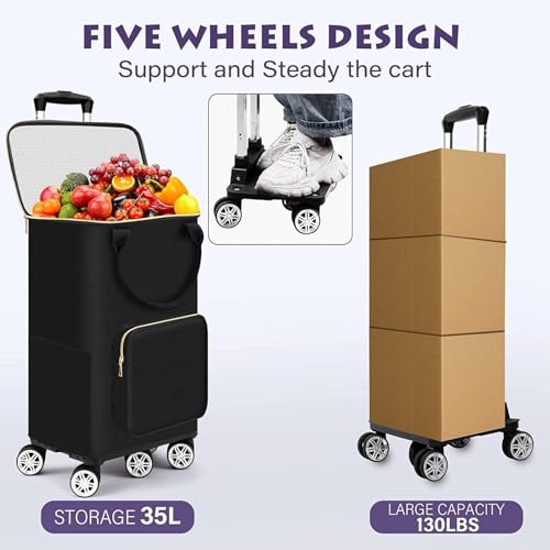 SXRLOZ Einkaufstrolley mit Rädern - Faltbar - Leichter tragbarer Metallwagen 35L, integrierte abnehmbare wasserdichte Tasche für Einkauf, Camping, Reisen(Blue) – Bild 8