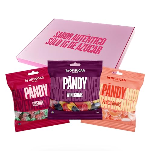 PÄNDY, gominolas sin azúcar con 100% sabor, 3x 50g (Winegums, Peach Rings, Cherry), chuches blandas con menos de 1g de azúcar, 70 kcal por bolsa, sin gluten, low carb, sin lactosa, hechas en Suecia