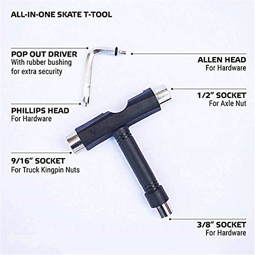 BESIY Stainless Steel Skateboard Hardware 8PCS Bolts Set and All-in-One Skate Tools Portable Skateboard T Accessory with Tool L-Type Phillips Head Wrench Screwdriver (Tools+Black Handware)